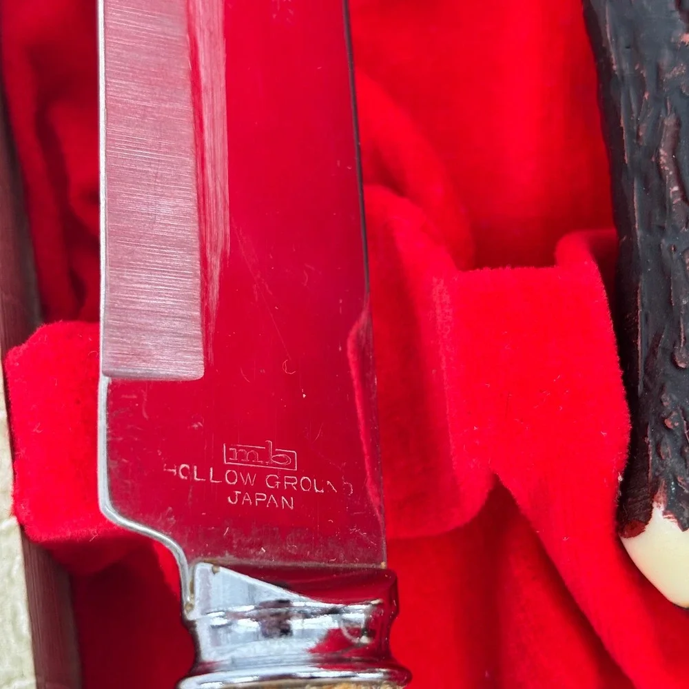 Vintage Debonaire 3pc Carving Set Faux Stag Horn Handles Stainless Steel Red Box